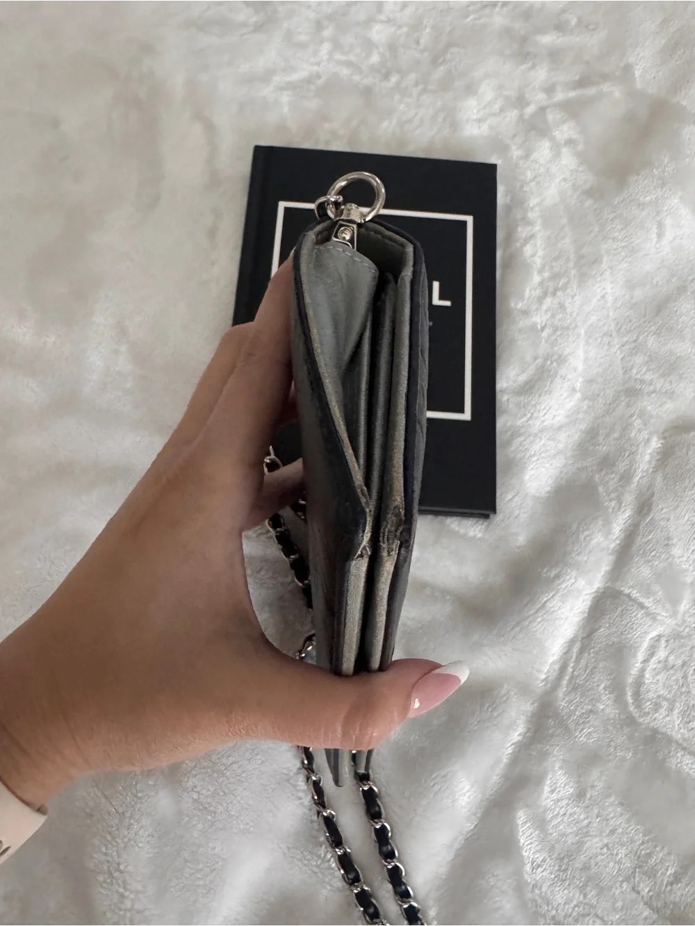Authentic Chanel Black Camellia Quilted Leather Chain Wallet